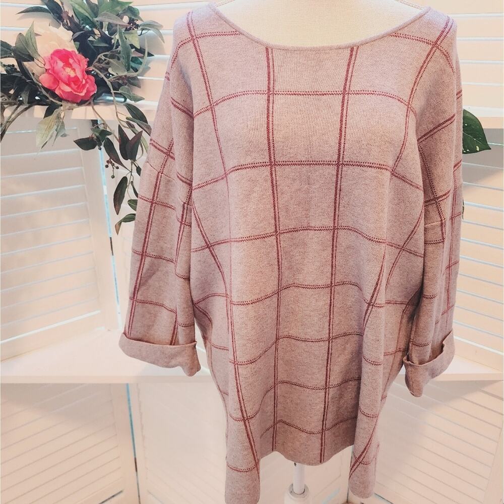 TAHARI PLAID GRAY/BURGANDY SWEATER SIZE 2X